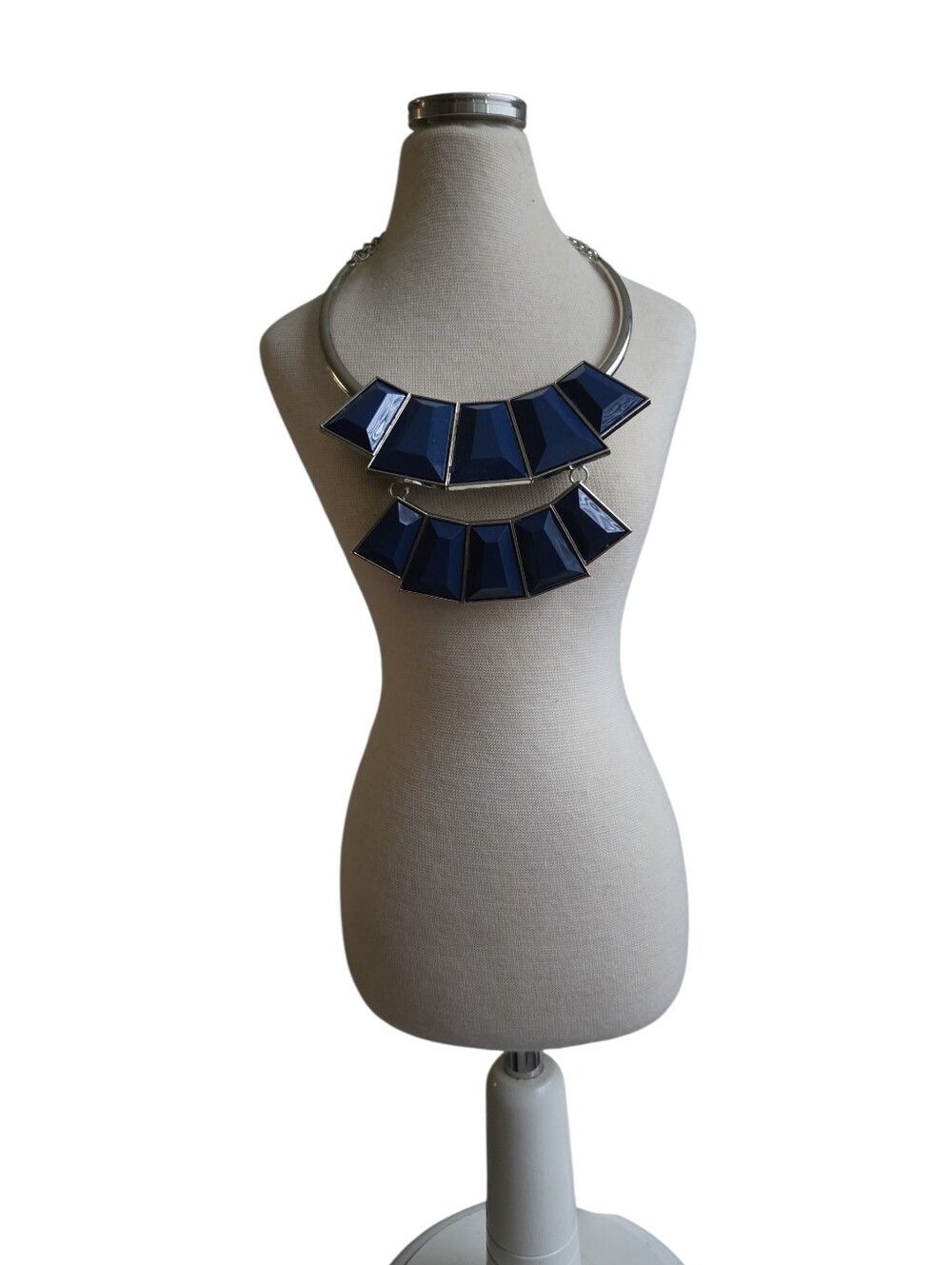 Silver Toned Blue Geometric Bib Necklace